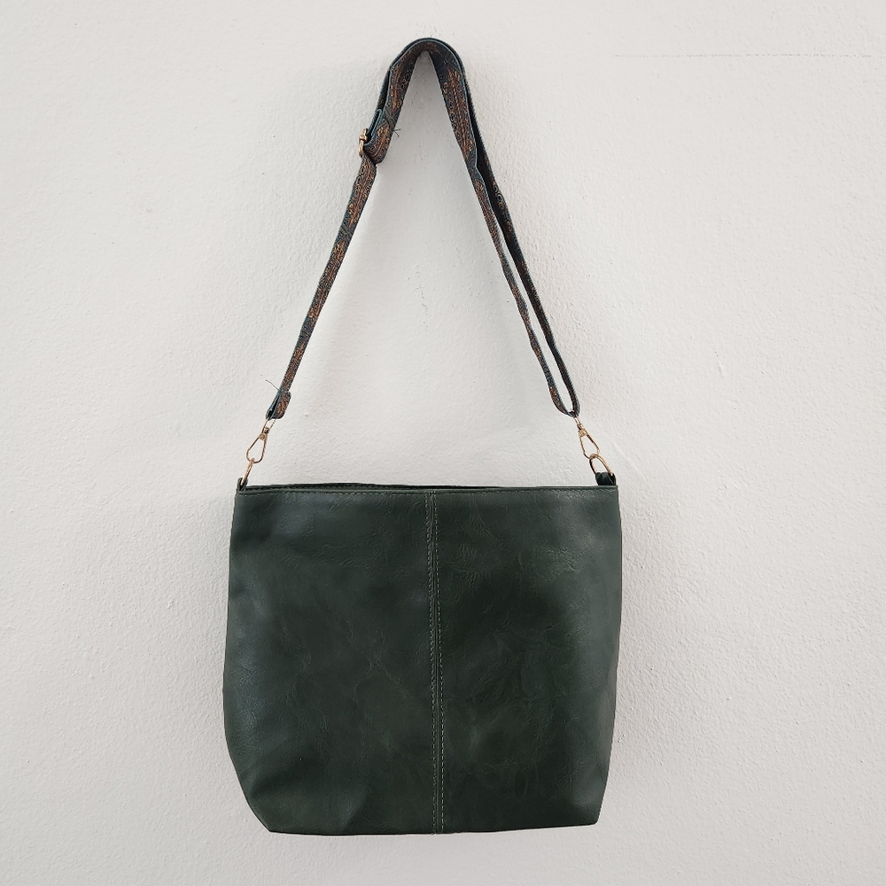 Unisex Army Green Tote Bag with Patterned Boho Strap - Picture 13 of 16